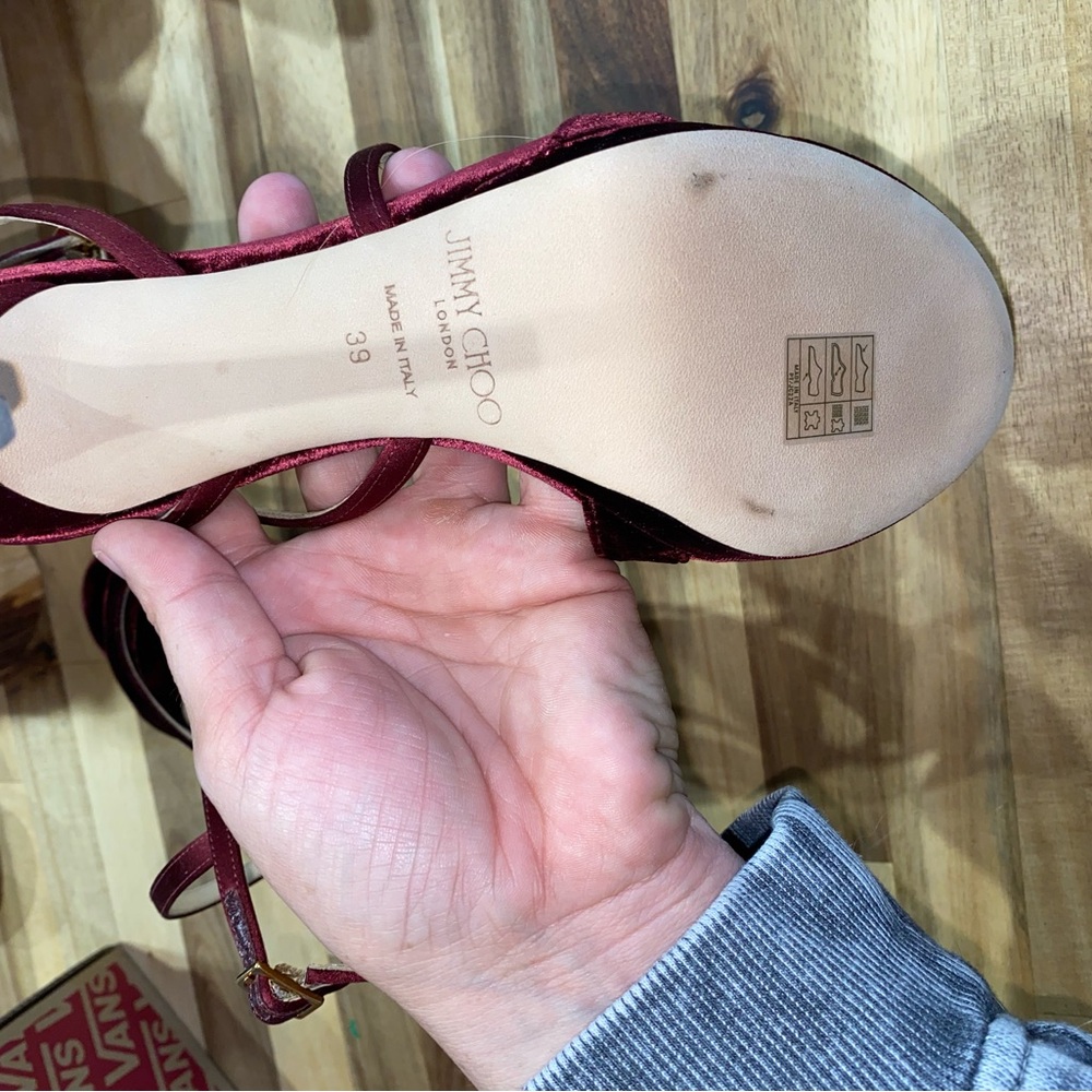 Jimmy Choo Burgundy Velvet And Satin Lola Cross Strap Sandals Size 39 - Picture 8 of 16